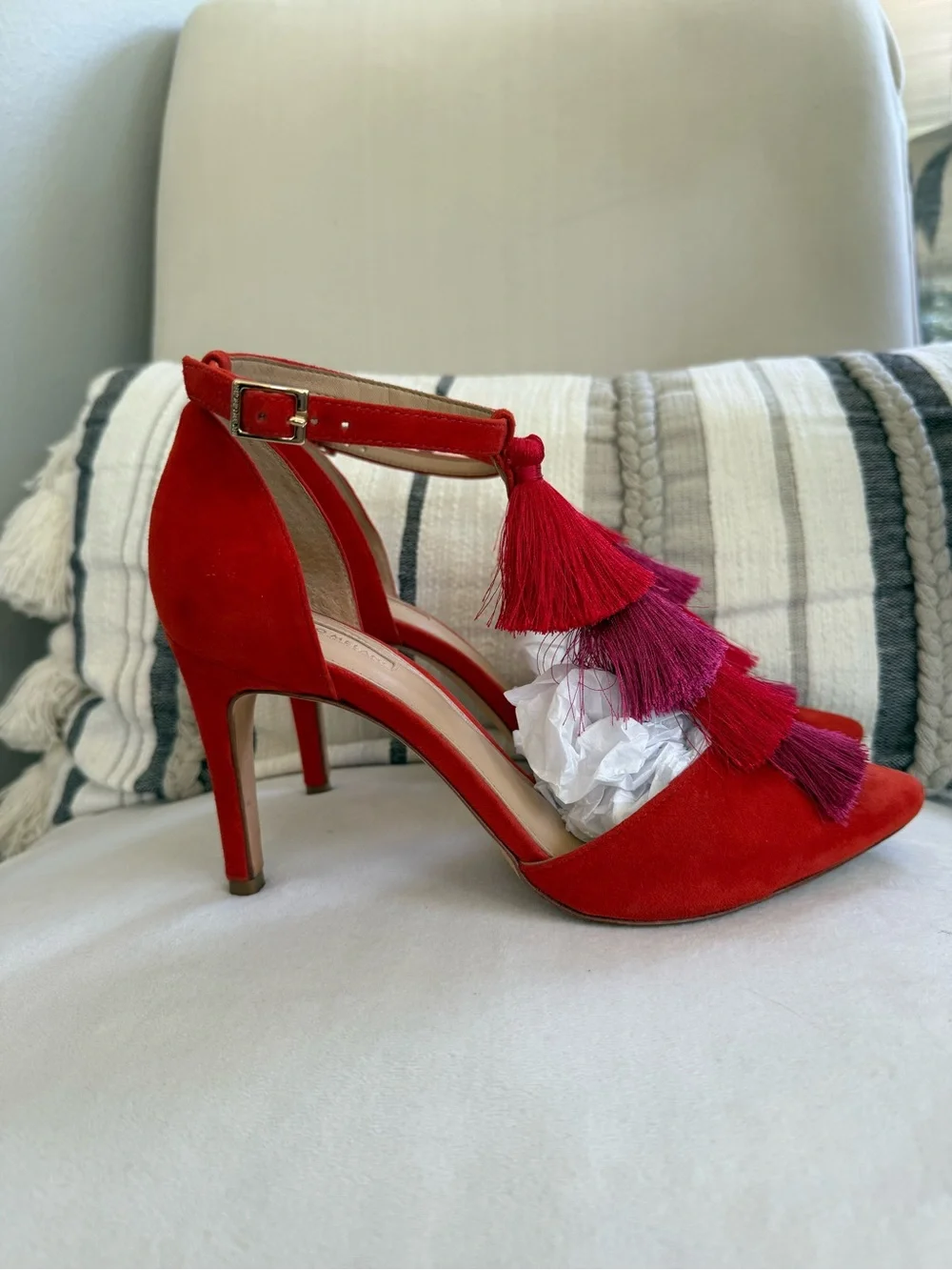 ANTONIO MELANI Red Suede Pointed Tassel Ankle-Strap Heels
